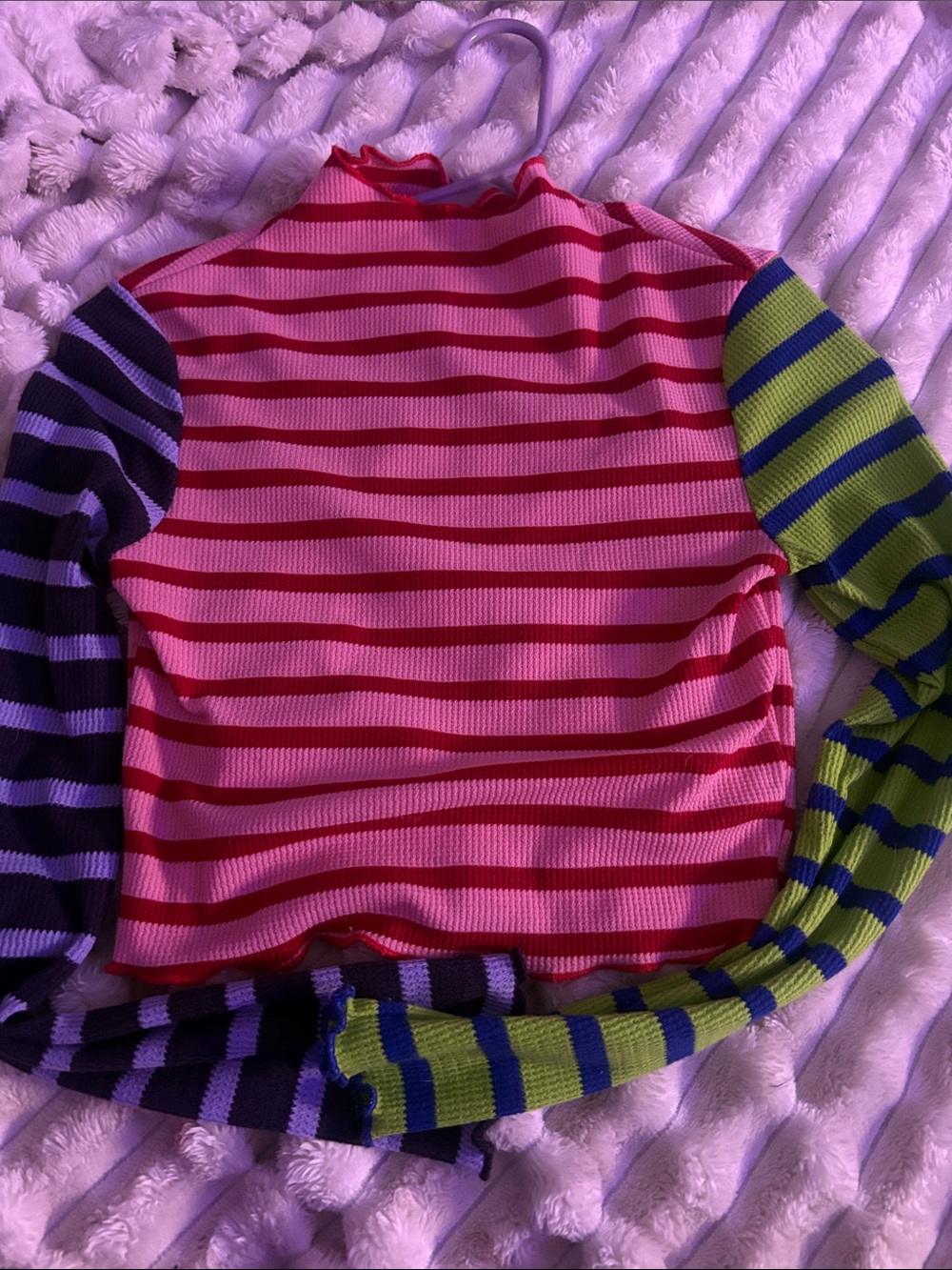 Striped Mock Neck Women’s Top in Pink with Multi-Color Sleeves